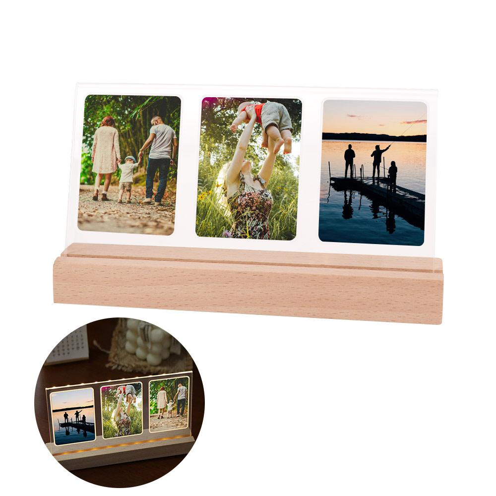 Clear Acrylic LED Light Photo Frame Wooden Base Tabletop Photo Display Rack  Table Top