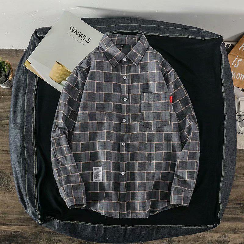 Pánská košile s dlouhým rukávem s kostkovaným vzorem - Korejský styl, Trendy, Volný střih na jaro a podzim