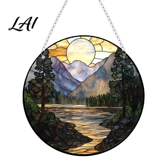 Natur-Thema Hängende Kunst Acryl Landschafts-/Vogel-Ornament Buntglas-Stil Anhänger Beidseitig Einzigartig Weihnachtsfeier Zubehör Dekoration