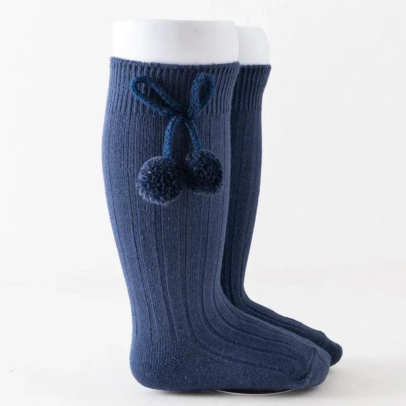 Autumn Winter Kawaii Baby Stockings Cotton British Princess Knee High Long Bow Pom Tube Socks for Girls Knitted Sock Warmer 0-4y