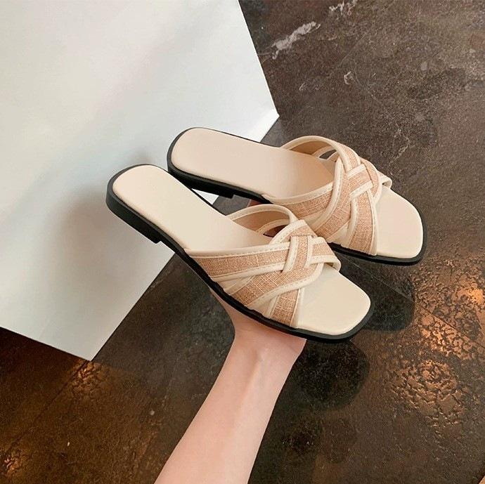 Sheepskin version~ square-headed straw-woven cross-toed slippers women's Korea 2025 summer irregular casual cool slippers