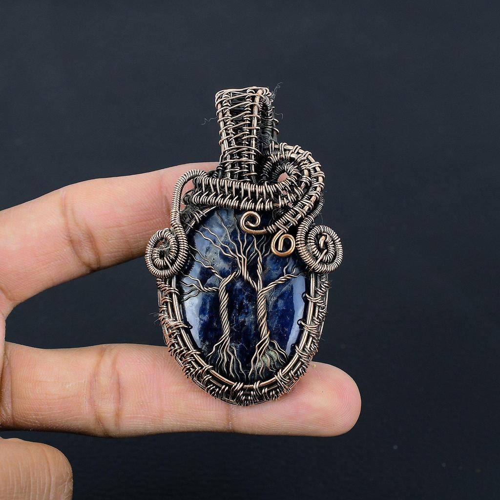 Double Tree of Life Sodalite Pendant, Gemstone 999 Copper Wire Wrapped Jewelry Pendant, Handmade Jewelry Birthstone Pendant, Gift For Him