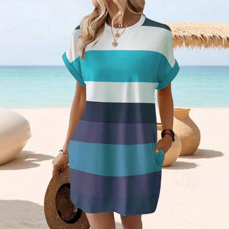 Schickes Übergrößenkleid Sommer Elegant Streifen Aufkrempelbare Ärmel Taschen Bequem & Lässig Damenkleider