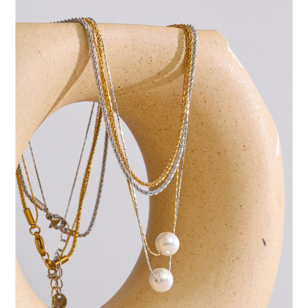 Yhpup Stainless Steel Double-Layer Simulated Pearls Pendant Necklace Korean Style Chic Daily Charming Jewelry Accessories Gift