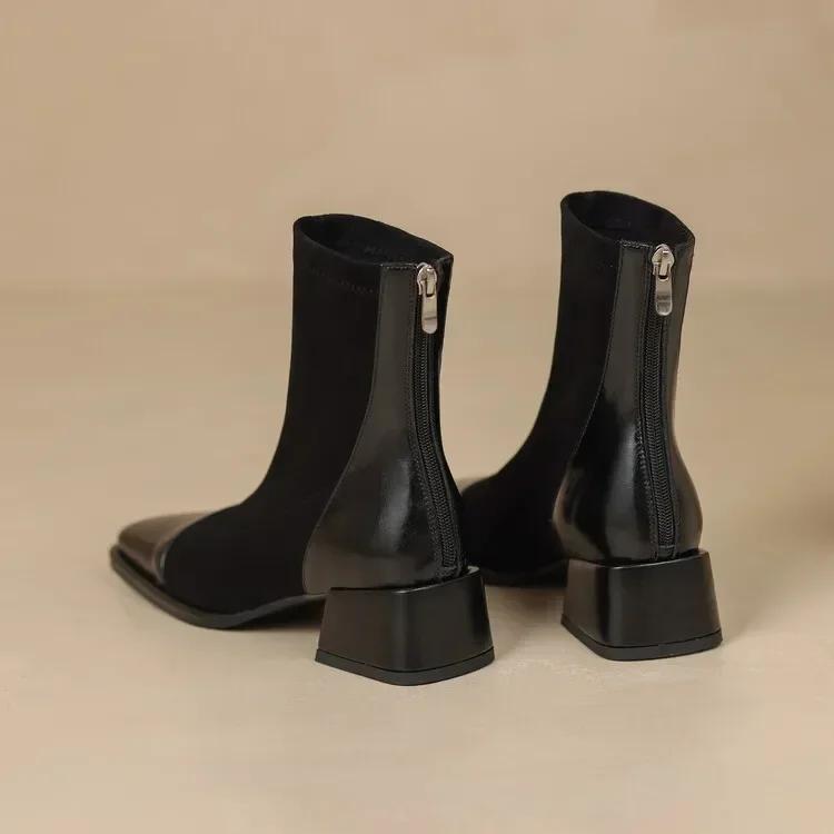 Dámská móda Čtvercová špička Robustní podpatek Krátké boty Nové Podzim Zima Stručné Elastické Úzké Vysoké podpatky Boty Zapatos De Mujer