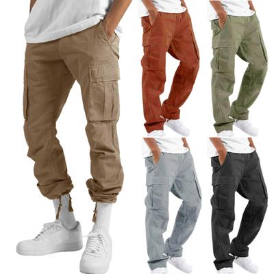 Men Cargo Pants Multi Pockets Drawstring Elastic Waist Adjustable Leg Plus Size Loose Solid