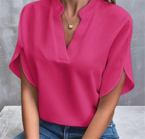 2026 Summer V-Neck Women's Solid Color Casual Short-Sleeved Pullover Shirt - European and American Style