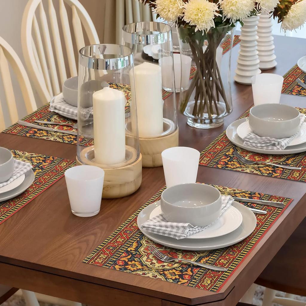 comfoyar Boho Vintage Red Placemats Set of 4, 12x18Inch Non-Slip Linen Bohemia Flower Place Mats, Washable Absorbent Rustic Country Style Table Mats
