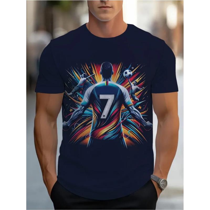 Modisches Herren Crew Neck Kurzarm 3D Fußball Farbdruck Fußball Kurzarm Crew Neck T-Shirt