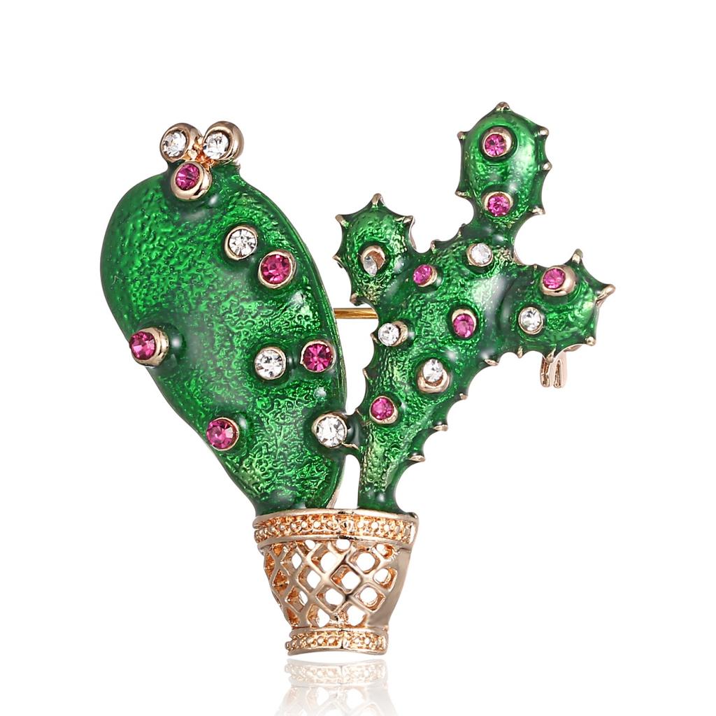 Vintage Colorful Rhinestone Green Enamel Cactus Brooches For Women Men Elegant Classic Cactus Potted Plant Buckle Pins Jewelry