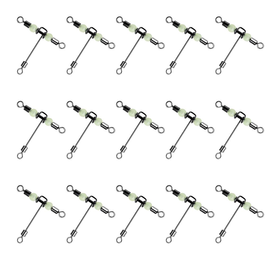 15Pcs Barrel Rolling Swivels Fishing Tackle with Luminous Beads Cross Line Swivels T Shape Swivel Catfish Rig Swivels