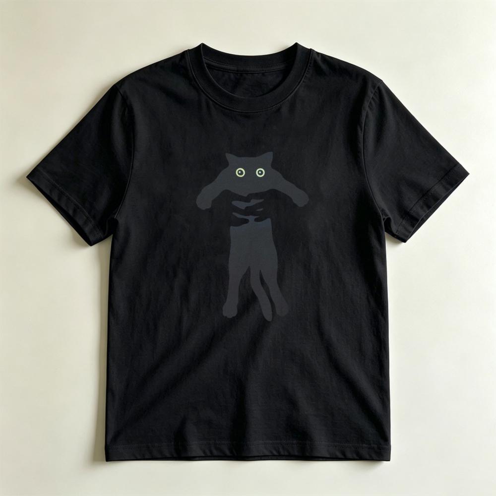 Funny Minimalist Hand Holding Black Cat Print Tshirt Unisex Cute Cartoon Animal Silhouette Casual Loose Cotton Short Sleeve Tee