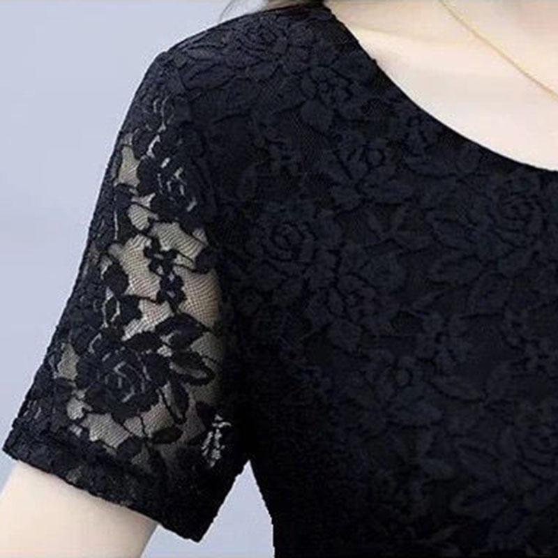 Women's Summer Short Sleeve Hollow Out Lace Dress Slim Round Neck A-Line Mid-calf Dresses