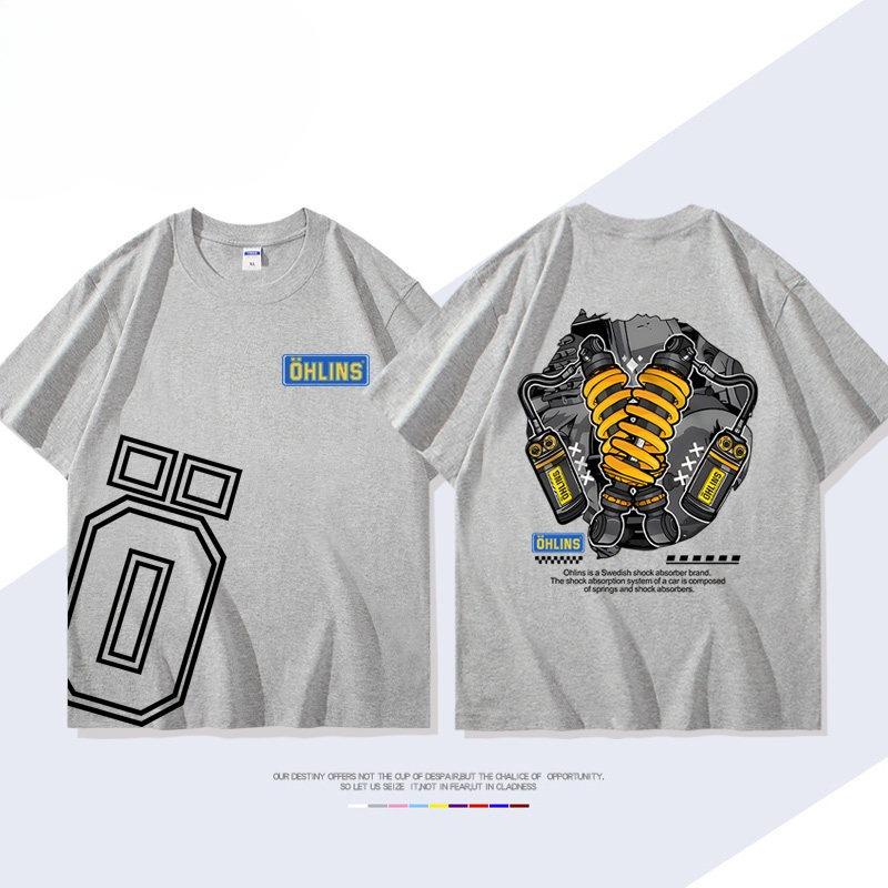 OHLINS Motorcycle Shock Absorber Modified Shortsleeved Tshirt Casual Mens and Womens Pure Cotton Clothing