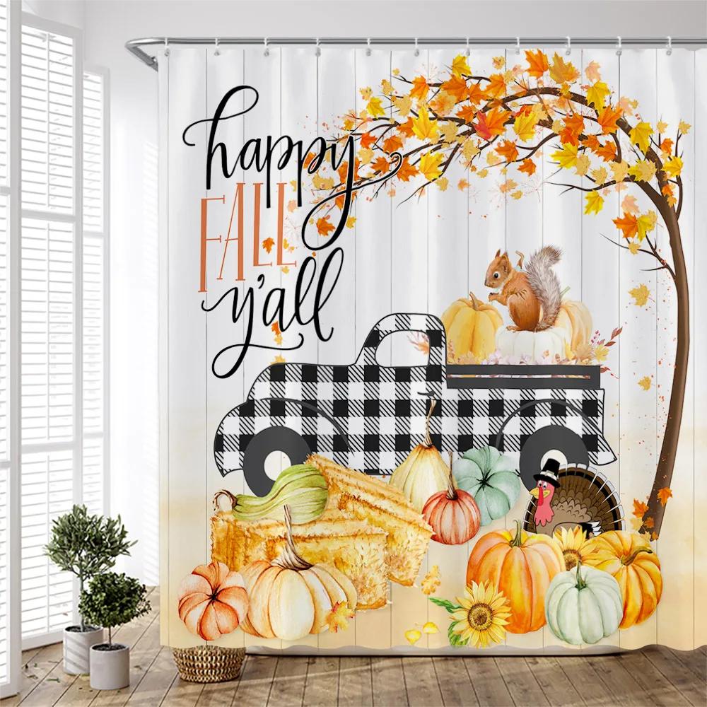 Осенний набор штор для душа Лист клена Тыквенная ферма Синий грузовик Подсолнух Штора для душа на День благодарения для декора ванной комнаты Ткань W90XH180cm