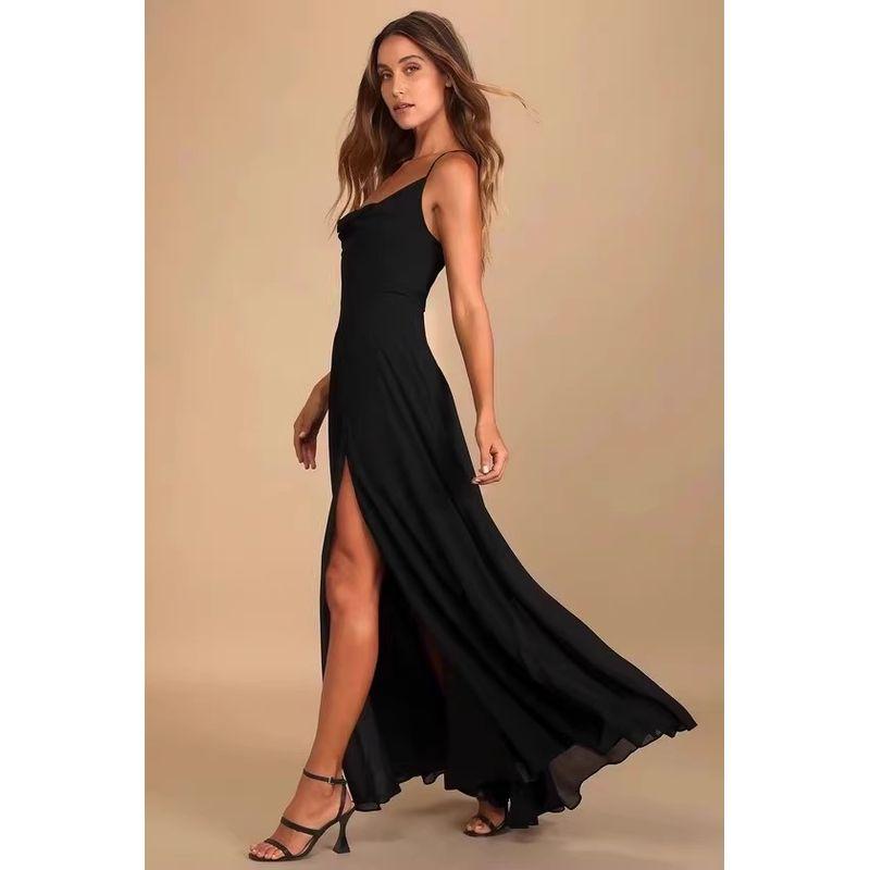 

Foreign Trade Order Lu s Sling Backless Lace-up Sexy Vacation Elegant Chiffon Split Temperament Personality Elegant Dress Black XL