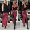 Sexy Split Mid-Length PU Leather Skirt Women's Solid Color Slim Package Hip High Waist Skirts Fashionable Party Ladies Clothes