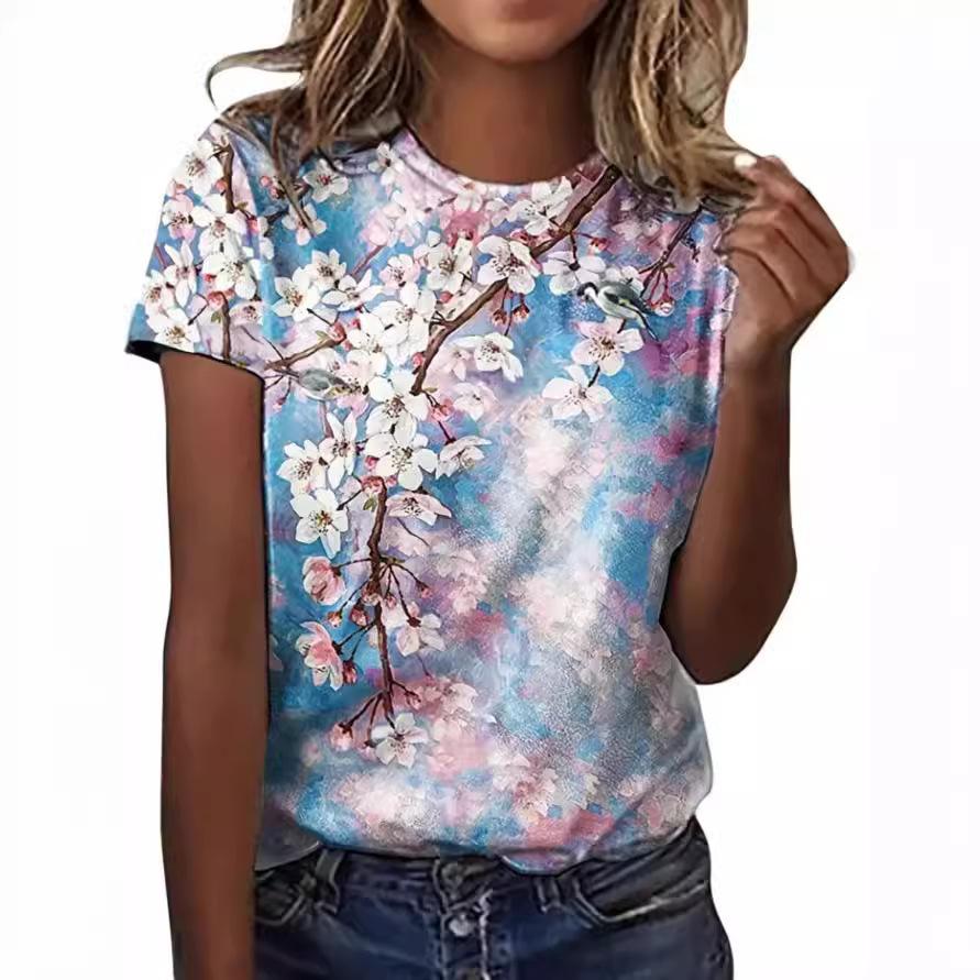 Sommer-Oberteil mit Rundhalsausschnitt und 3D-Blumenmuster, modisches, lässiges, kurzärmeliges Damen-T-Shirt