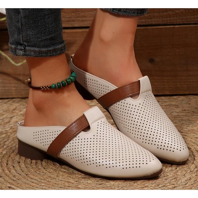 Fashion New Soft and Comfortable Leather Mid Heels Slides Women Slippers Hollow Out Summer Shoes Slip On Close Round Toe Flats Slippers