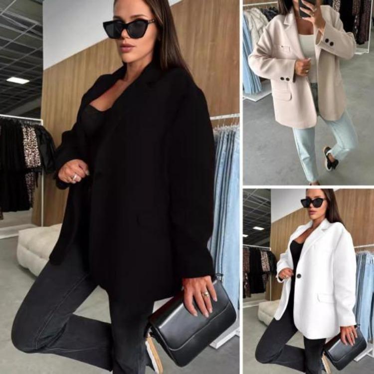 Casual Loose Oversized Warm Woolen Long Sleeves Single Breasted Women Winter Jacket Lapel Collar Solid Color Top Coat Autumn