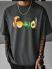 Unisex Black Tee Food Letter Shaped Croissant Egg Cabbage Avocado Fish Graphic Crew Neck Loose Casual Male Daily Tops