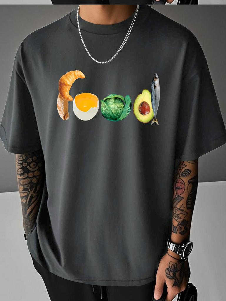 Unisex Black Tee Food Letter Shaped Croissant Egg Cabbage Avocado Fish Graphic Crew Neck Loose Casual Male Daily Tops