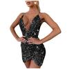 Women Fashion Solid Sequin V-neck Strap  Dress Cross Hem Backless Dress