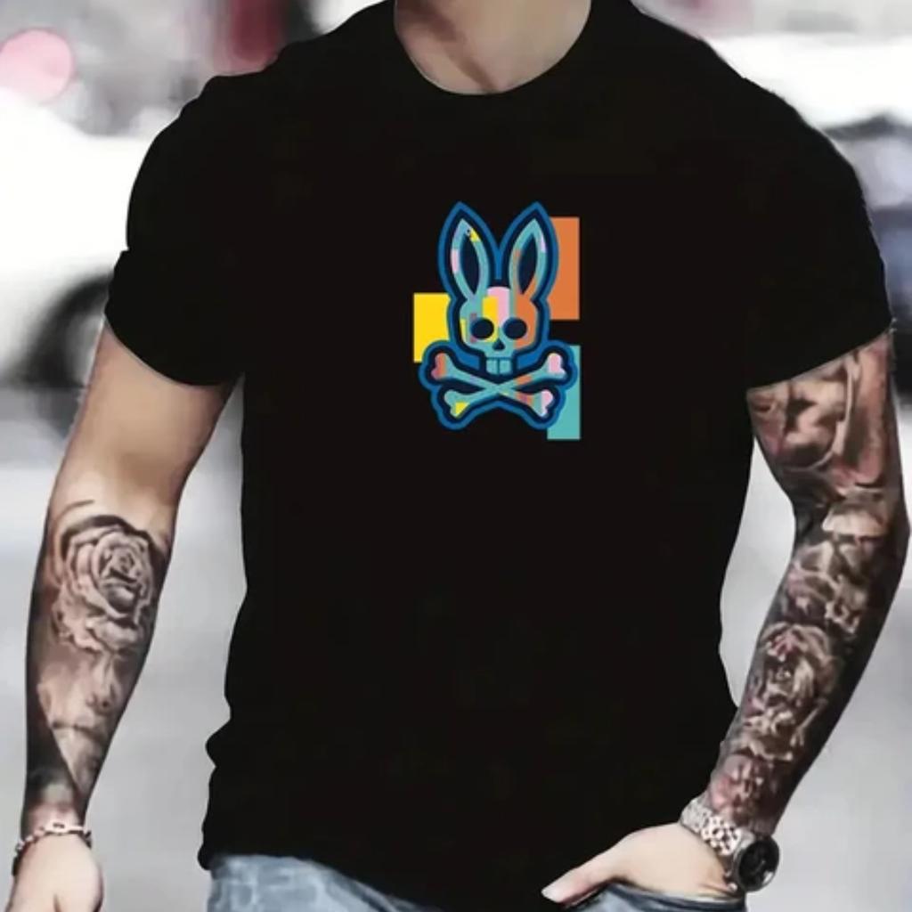 Men's colorful rabbit logo printed T-shirt, hip-hop trend Harajuku street clothing, round neck short sleeved casual top,