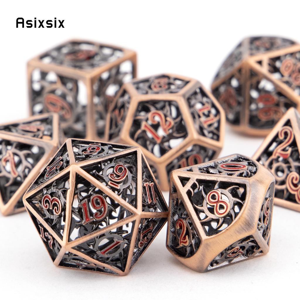 7 Pcs Copper Red Rotary Cyclone Metal Dice Hollow Metal Polyhedral Dice Set Suitable for Role-Playing RPG  Board Game Card Game
