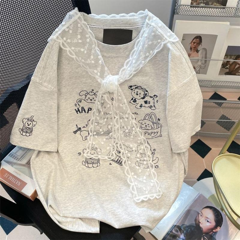 

Lace Shawl Dog Embroidery T-shirt for Women Summer Short Sleeve Round Neck T-shirts Korean Style Loose Pullover Gray Top M серый