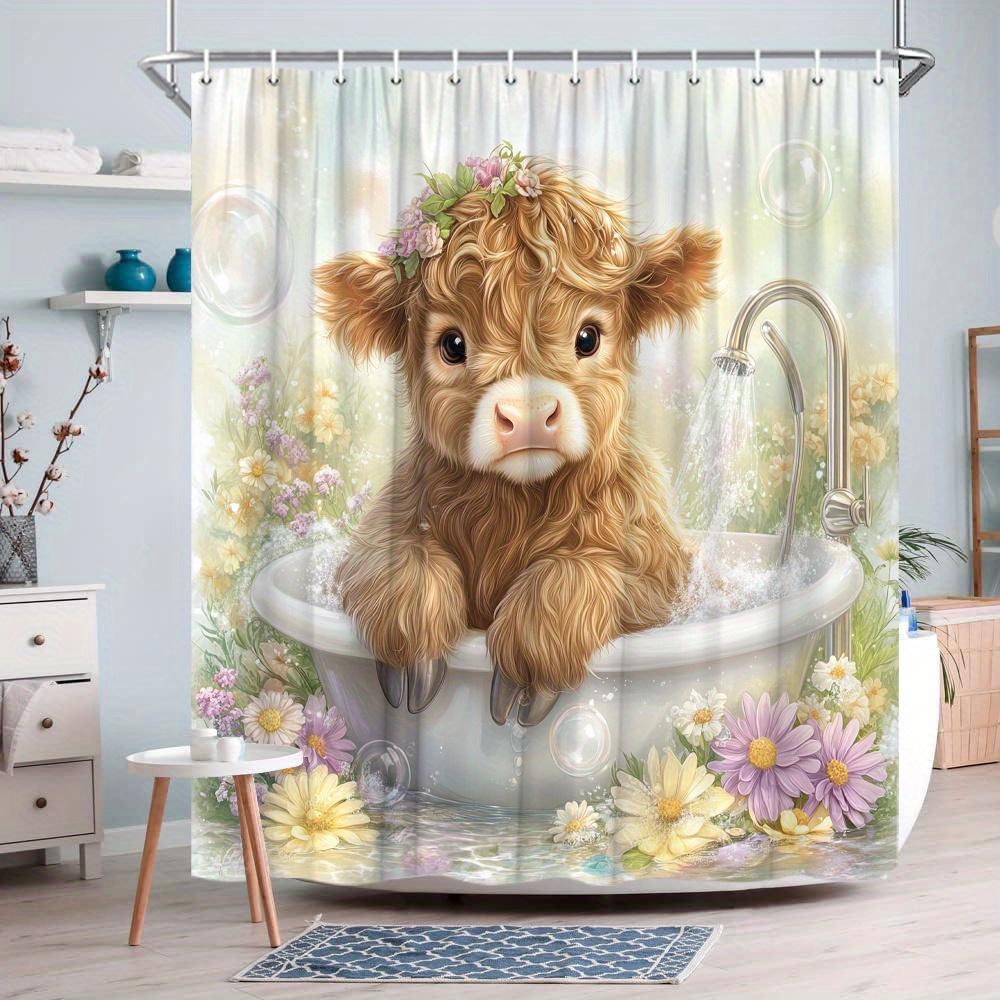 Cute Baby Cow In Bathtub Shower Curtain Waterproof Easy To Clean Privacy Protection Print Floral Farm Animal Design Quick Setup