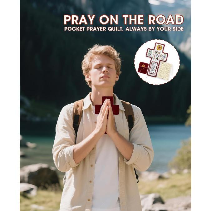 Onism 3Pcs Prayer Quilt with Cross ide,Mini Handcrafted Pocket devotional,Portable Pocket Shrine Catholic, Christian Gifts for Catholic