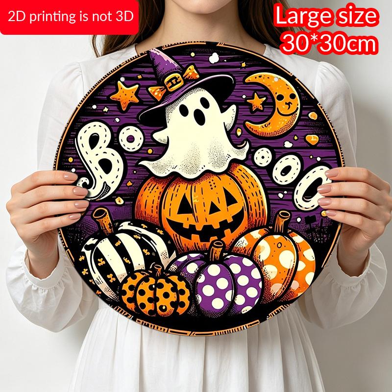 2D Flat, 1pc Round Waterproof Aluminum Halloween Boo Ghost Metal Sign, Cute Witch Hat Ghost Pumpkin Moon Plaque, Wreath Center Ornament, Front Door