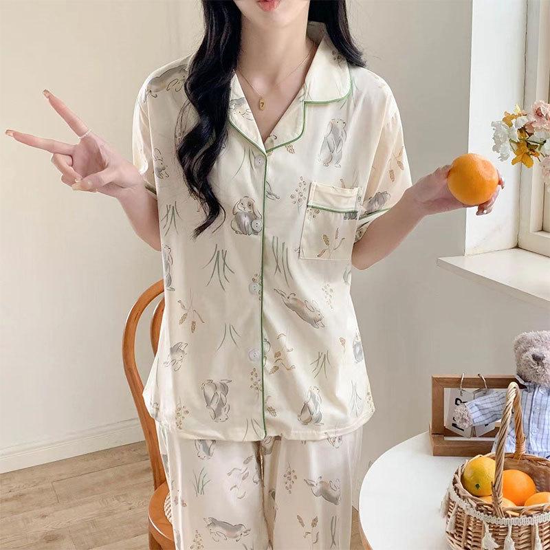 

Women s Japanese-Style Summer Pajama Set: Cute Short Sleeve Top & Long Pants L