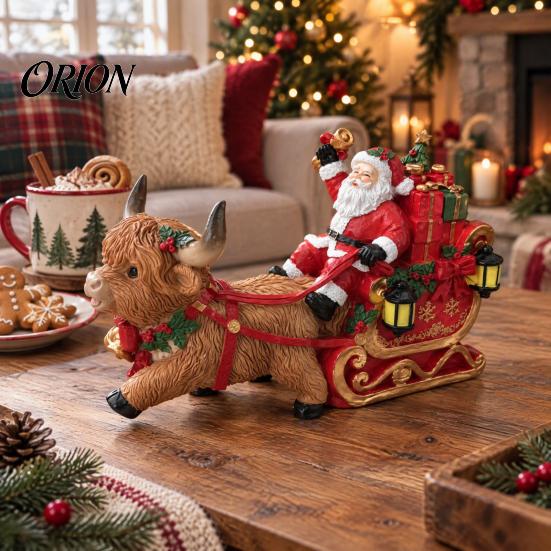 Small Sleigh Figurine for Shelves Christmas Santa Highland Cow Figurine, Resin Claus Hand Painted Winter Wonderland Collectibles Tabletop Decoration