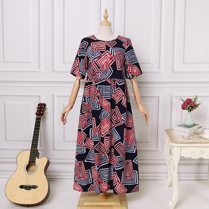 Frauen O-Ausschnitt Kurzarm Sommer geometrisch bedrucktes loses langes Kleid