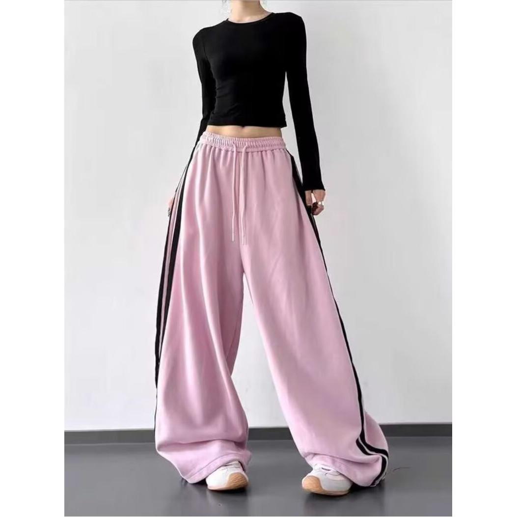2025 Women s Casual Wide-Leg Patchwork Pants - Black Striped Sports Trousers M