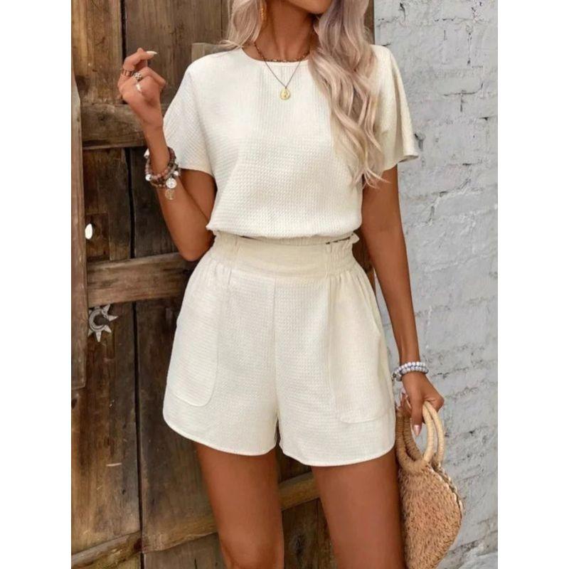 Solid Color Round Neck Top and Shortset Pure Color Crew Neck Tops Shorts Suit