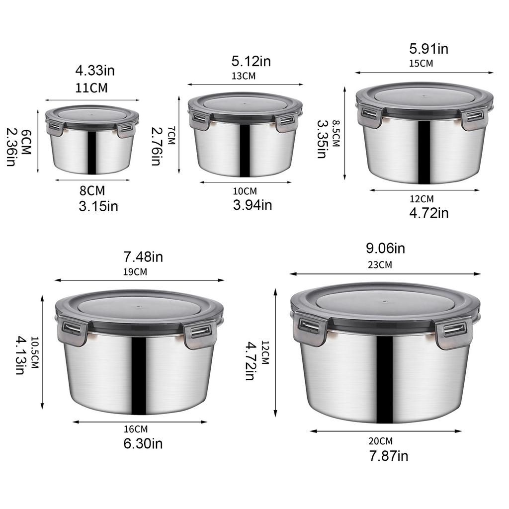 Set Of 5 Stainless Steel Food Storage Bowls Stackable Lunch Container with Lid for Kitchen Office and Outdoor Picnics