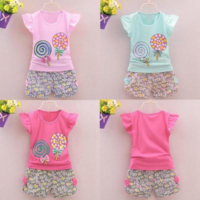 2PCS Toddler Kids Baby Girls Outfits Lolly T-shirt Tops+Short Pants Clothes Set