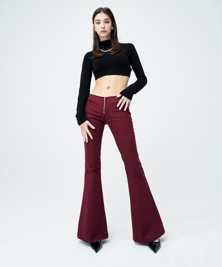 ATTENTIONROW FOR WOMEN Low-Rise Front Zipper Bootcut Pants (Burgundy)