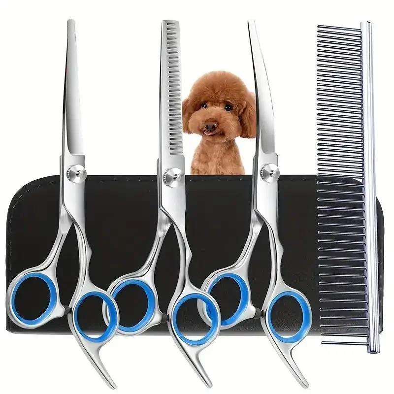 Professional Curved Thinning Scissors 4 In 1 Pet Grooming Kit Safety Round Head Stainless Steel Hair Shear for Dogs Cats