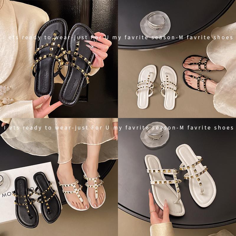 2025Women Slippers New High-quality Shoes Classic Rivet Metal Decorative Slippers Flat-bottomed Casual Luxury  Slides