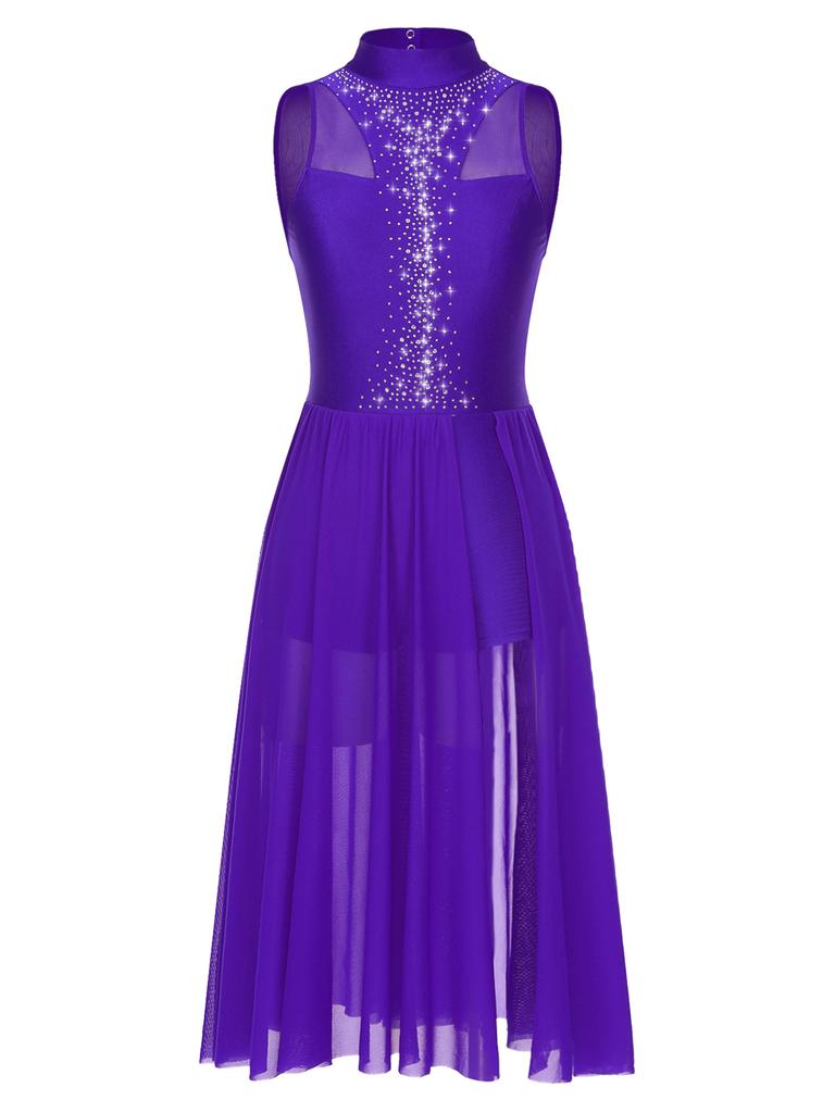 Damen Funkelndes Strass-Ärmelloses Kleid Mit Stehkragen Schlüsselloch am Rücken Seitenschlitz Performance Tanzkostüm