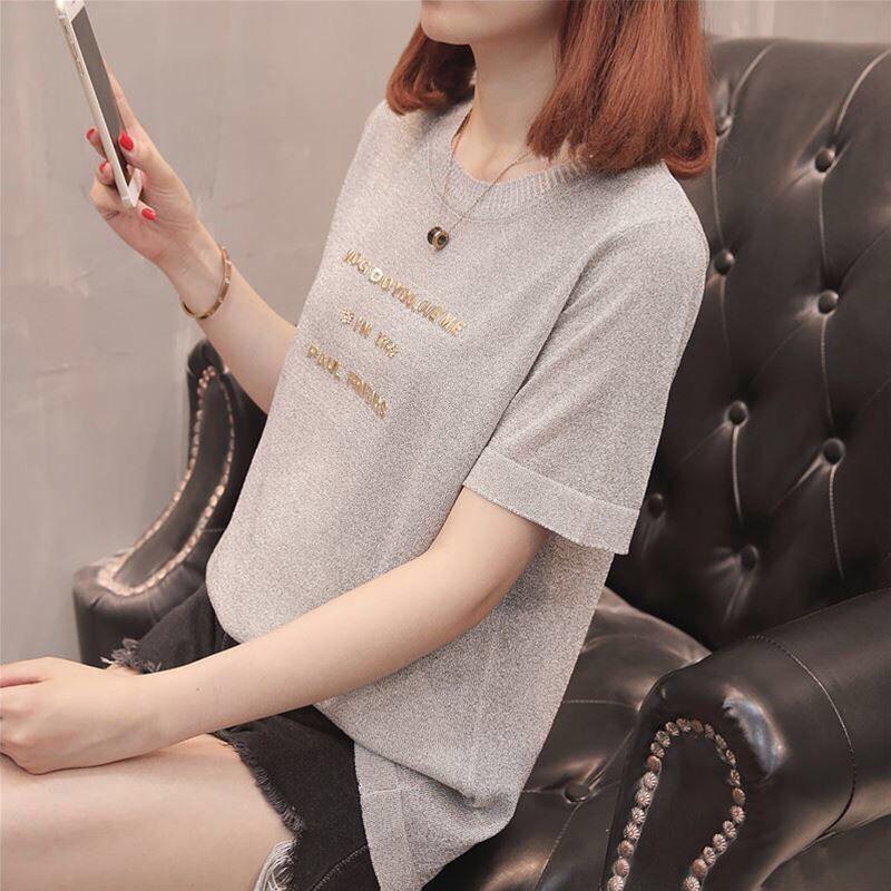 Damen Ice Silk Kurzarm T-Shirt Sommer Strickhemd Halbarm Top Ins Damenmode Kurzarm