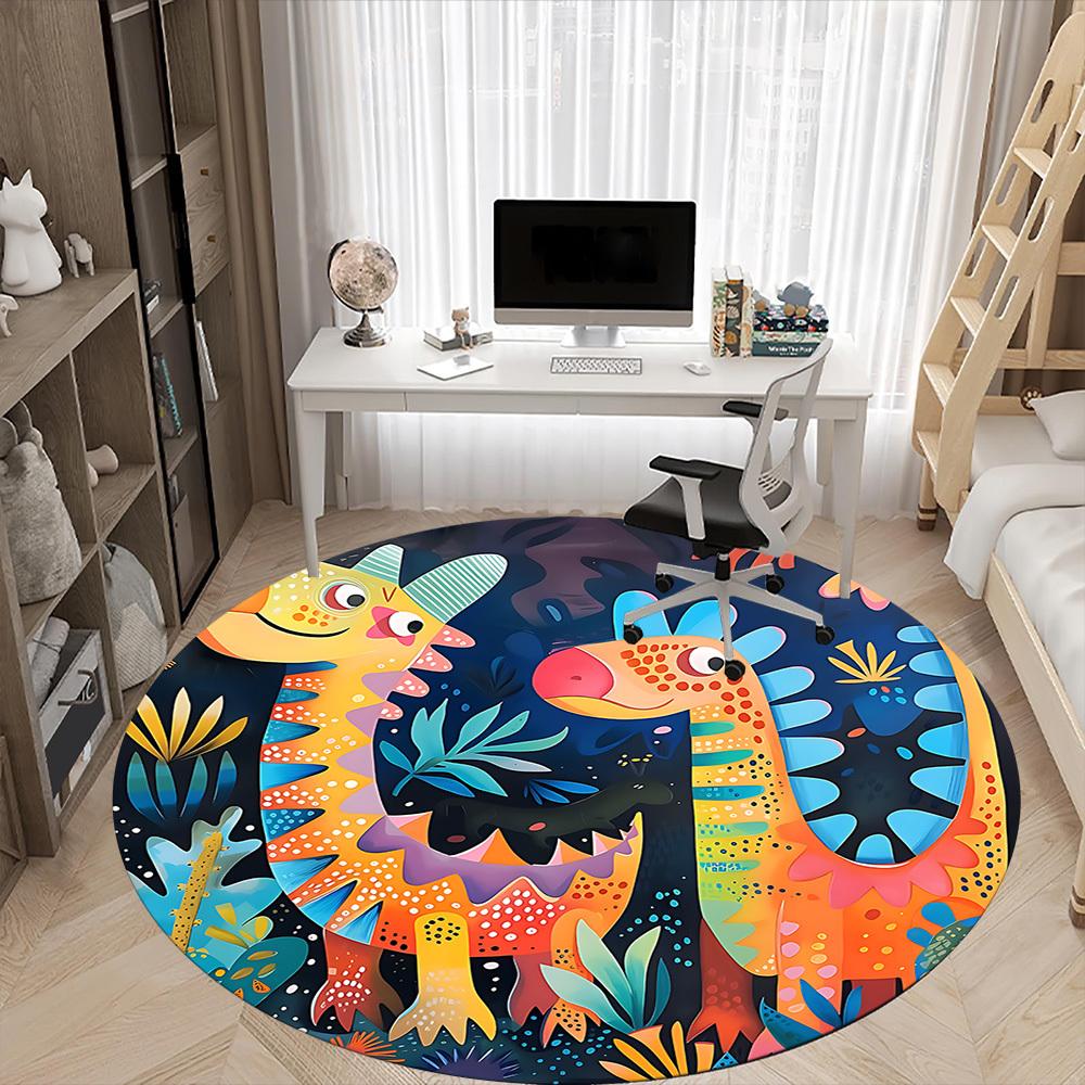 1pc Dino Friends Office Round Area Rug,  Mat Suitable ForOffice, Under Office Chairs Bedroom Living Room Home Decor, Room Deco