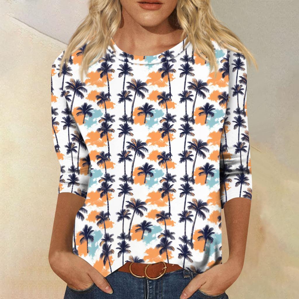 Módní vintage top s 3/4 rukávem pro ženy, dámská ležérní halenka s tříčtvrtečním rukávem a kulatým výstřihem s potiskem