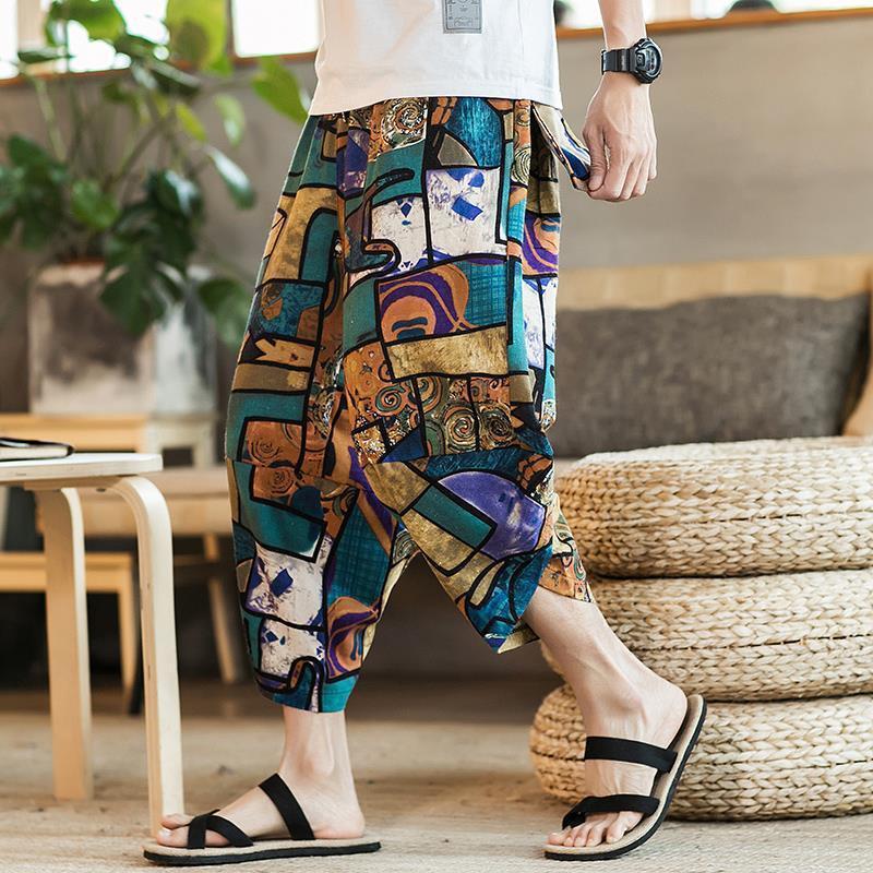 Men's Loose Linen Beach Pants, Wide-Leg 7-Point Harem, Casual Thai-Style Cotton Blend