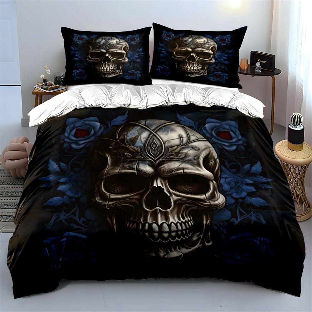 Skull with blue roses. Bedding sets Duvet cover sets Duvet covers Pillowcases(1 * Duvet Cover 2 * Pillowcases without duvet insert)