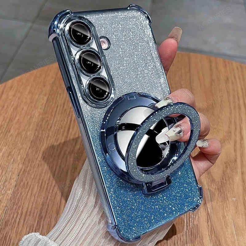 Fashion Glitter Magnetic Mirror Bracket Phone Case for Samsung Galaxy S26 Ultra S26 Pro S25 Edge Plus S24 FE S23 S22 S21 S20 Camera Protect Cover